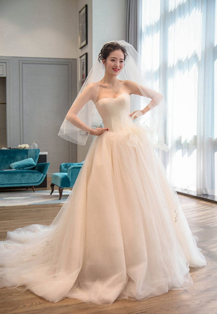 Strapless Simple Tulle A line Long Tail Wedding Dresses, Custom Made Long Wedding Dresses, Cheap Wedding Gowns, WD208