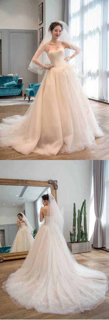 Strapless Simple Tulle A line Long Tail Wedding Dresses, Custom Made Long Wedding Dresses, Cheap Wedding Gowns, WD208