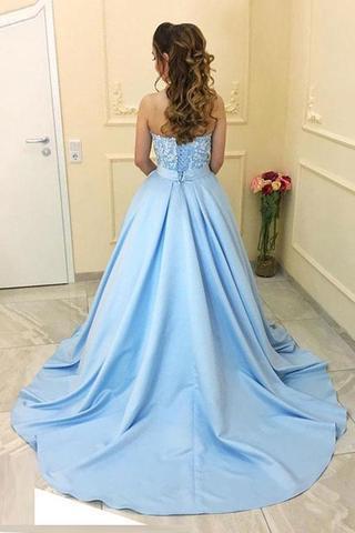 Strapless Sweetheart A line Light Blue Satin Long Evening Prom Dresses, 17462