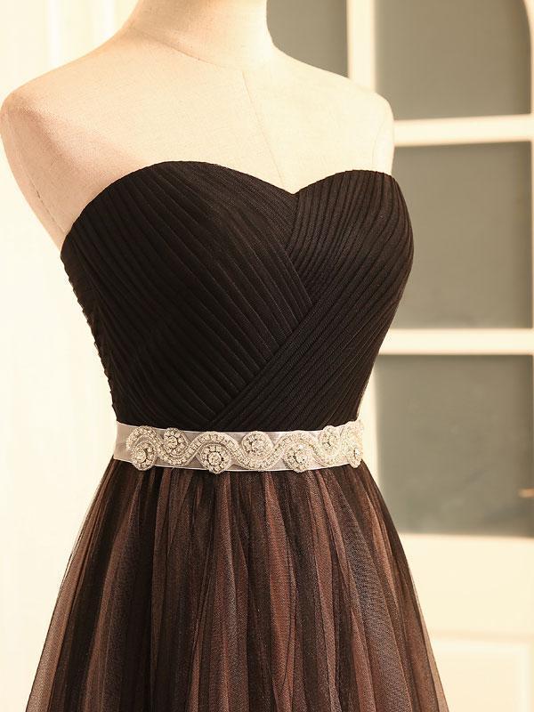 Strapless Sweetheart Beaded Belt A line Brown Long Evening Prom Dresses, Popular Cheap Long Party Prom Dresses, 17259