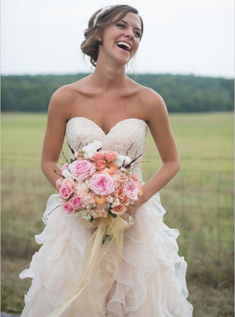 Strapless Sweetheart Champagne Lace A line Cheap Wedding Dresses Online, WD430