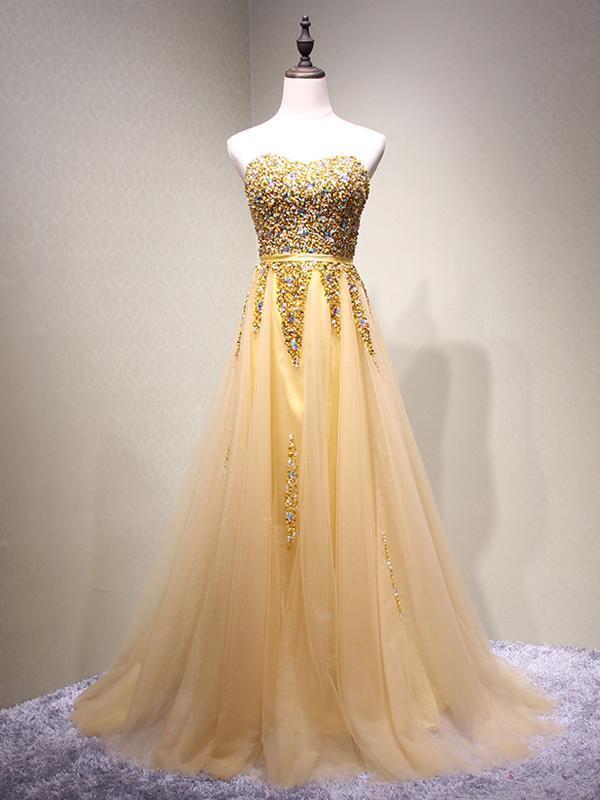 Strapless Sweetheart Gold Tulle Beaded A-line Long Evening Prom Dresses, 17617