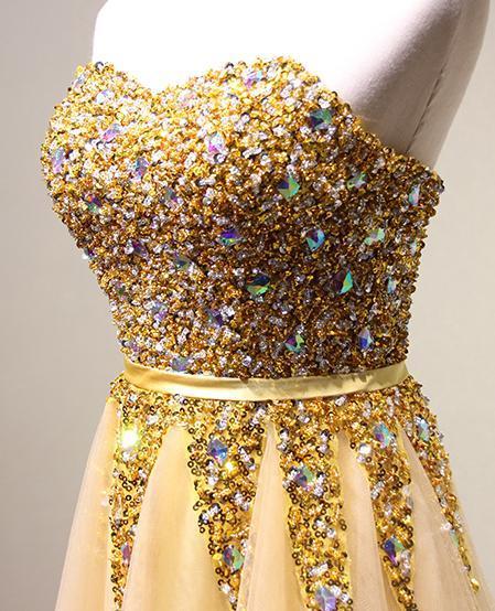 Strapless Sweetheart Gold Tulle Beaded A-line Long Evening Prom Dresses, 17617