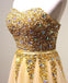 Strapless Sweetheart Gold Tulle Beaded A-line Long Evening Prom Dresses, 17617