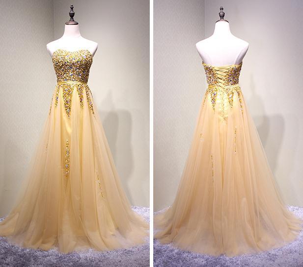 Strapless Sweetheart Gold Tulle Beaded A-line Long Evening Prom Dresses, 17617