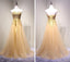 Strapless Sweetheart Gold Tulle Beaded A-line Long Evening Prom Dresses, 17617