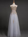 Strapless Sweetheart Grey Tulle Beaded A-line Long Evening Prom Dresses, 17618