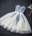 Strapless Sweetheart Neckline Blue Lace Tulle Homecoming Prom Dresses, Affordable Short Party Prom Sweet 16 Dresses, Perfect Homecoming Cocktail Dresses, CM353