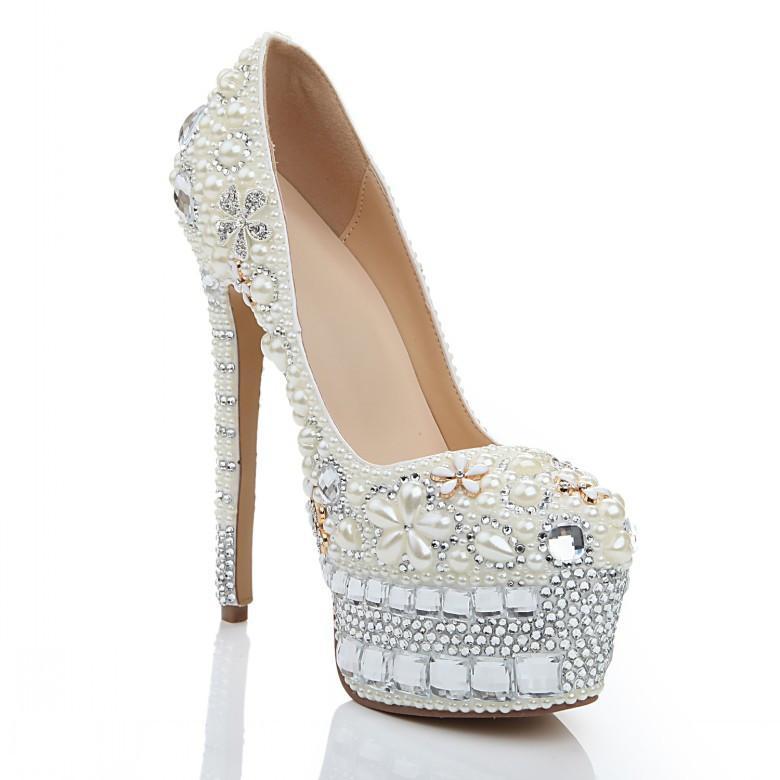 Super High Heels Handmade Pearls Rhinestone Pointed Toe Crystal Wedding Shoes, S032