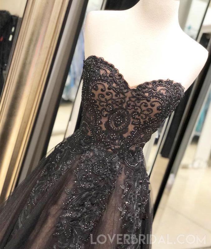 Sweetheart Black Lace Beaded A-line Long Evening Prom Dresses, Cheap Sweet 16 Dresses, 18430