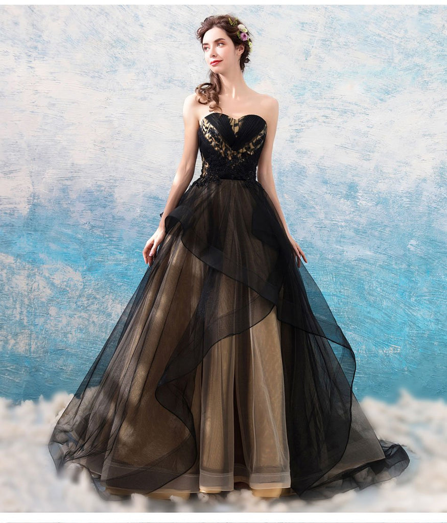 Sweetheart Black Strapless A-line Long Evening Party Prom Dresses, Prom Dresses Stores, 12334
