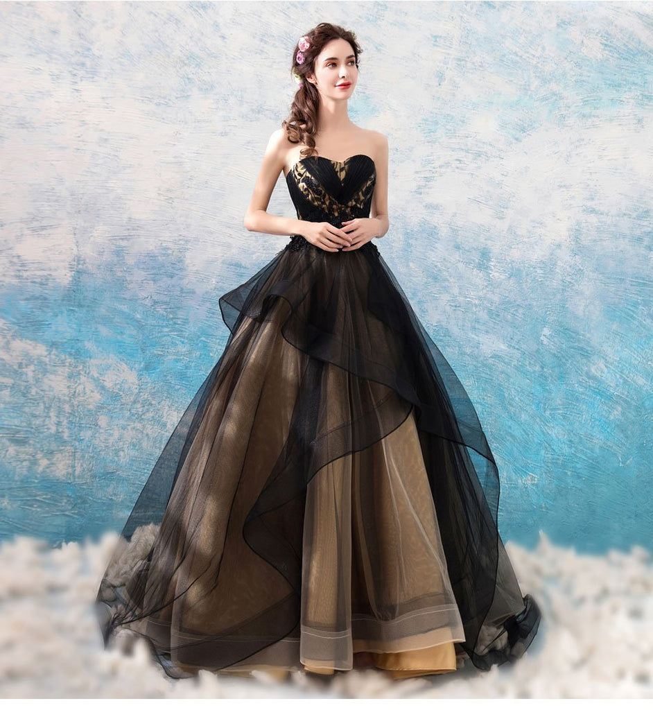 Sweetheart Black Strapless A-line Long Evening Party Prom Dresses, Prom Dresses Stores, 12334