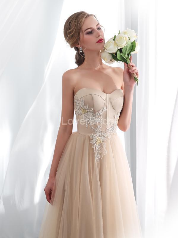 Sweetheart Champagne Applique Evening Prom Dresses, Evening Party Prom Dresses, 12026