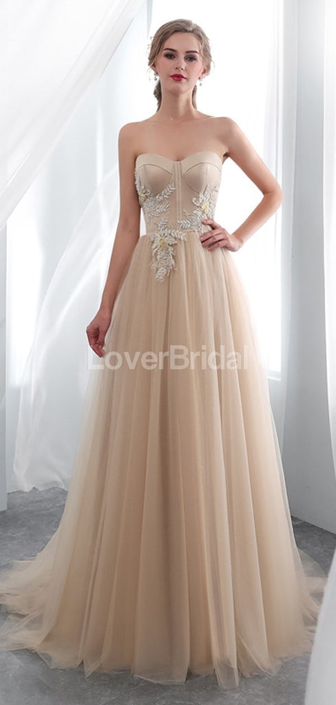 Sweetheart Champagne Applique Evening Prom Dresses, Evening Party Prom Dresses, 12026