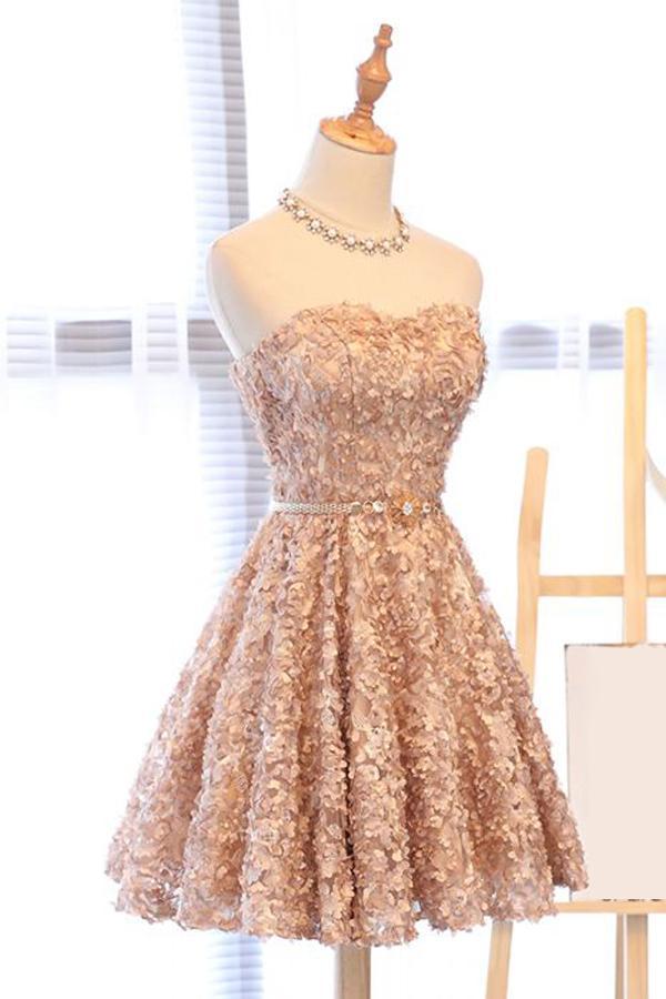 Sweetheart Champagne Lace Cheap Short Homecoming Dresses Online, CM648