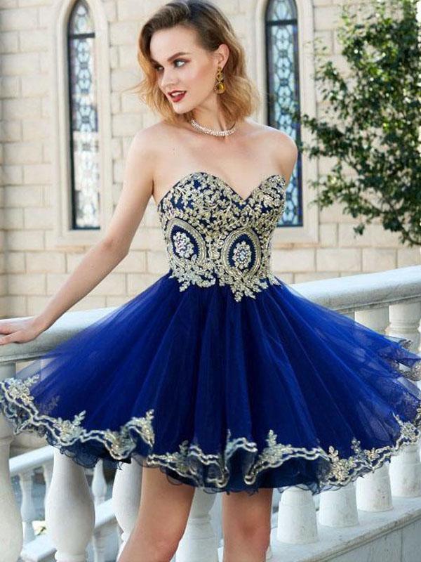 Sweetheart Gold Lace Beaded Blue Short Cheap Homecoming Dresses Online, CM569