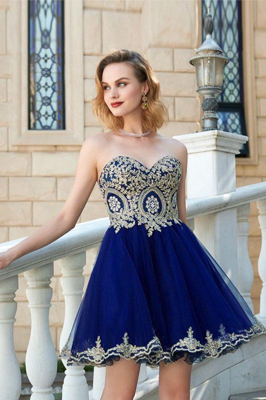 Sweetheart Gold Lace Beaded Blue Short Cheap Homecoming Dresses Online, CM569