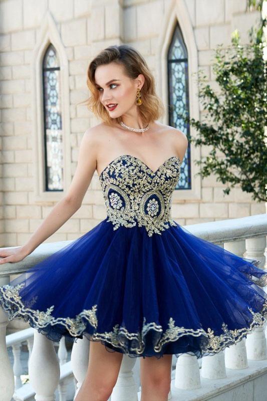 Sweetheart Gold Lace Beaded Blue Short Cheap Homecoming Dresses Online, CM569