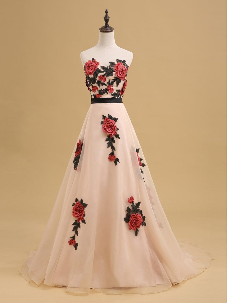 Sweetheart Hand Made Flower A-line Long Evening Prom Dresses, 17629