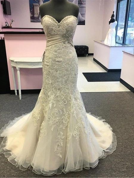 Sweetheart Lace Beaded Mermaid Cheap Wedding Dresses Online, Cheap Unique Bridal Dresses, WD592