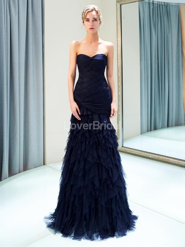 Sweetheart Navy Ruffle Mermaid Evening Prom Dresses, Evening Party Prom Dresses, 12027