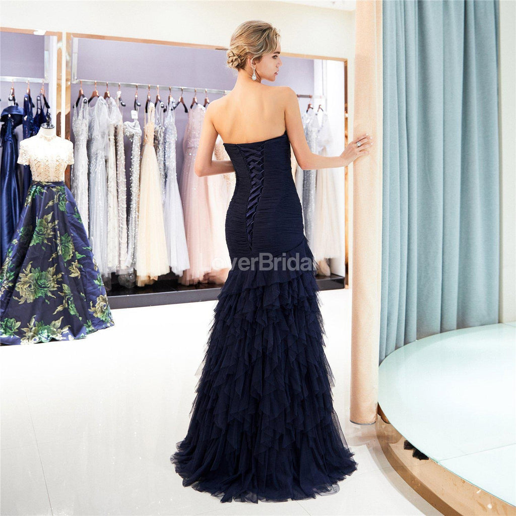 Sweetheart Navy Ruffle Mermaid Evening Prom Dresses, Evening Party Prom Dresses, 12027