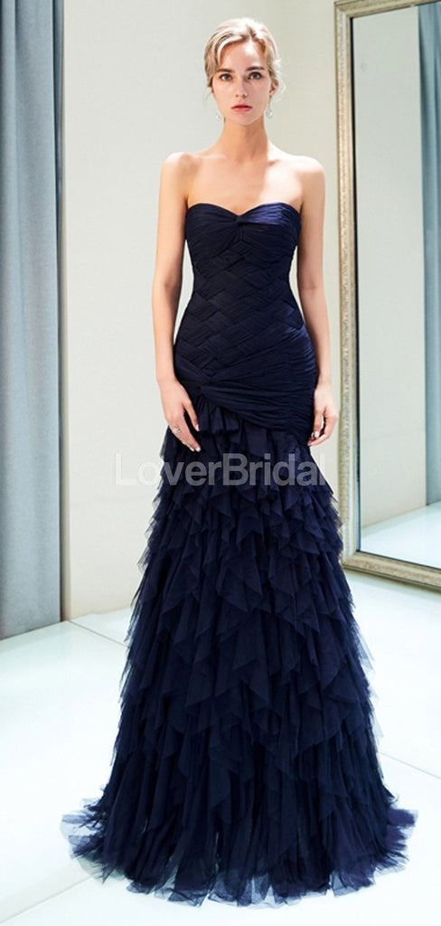 Sweetheart Navy Ruffle Mermaid Evening Prom Dresses, Evening Party Prom Dresses, 12027