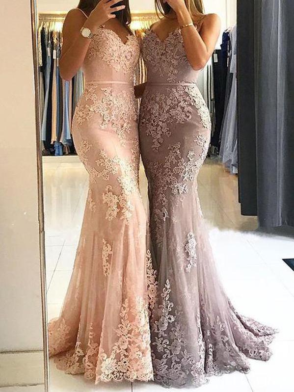 Sweetheart Spaghetti Straps Lace Mermaid Floor Long Custom Evening Prom Dresses, 17424