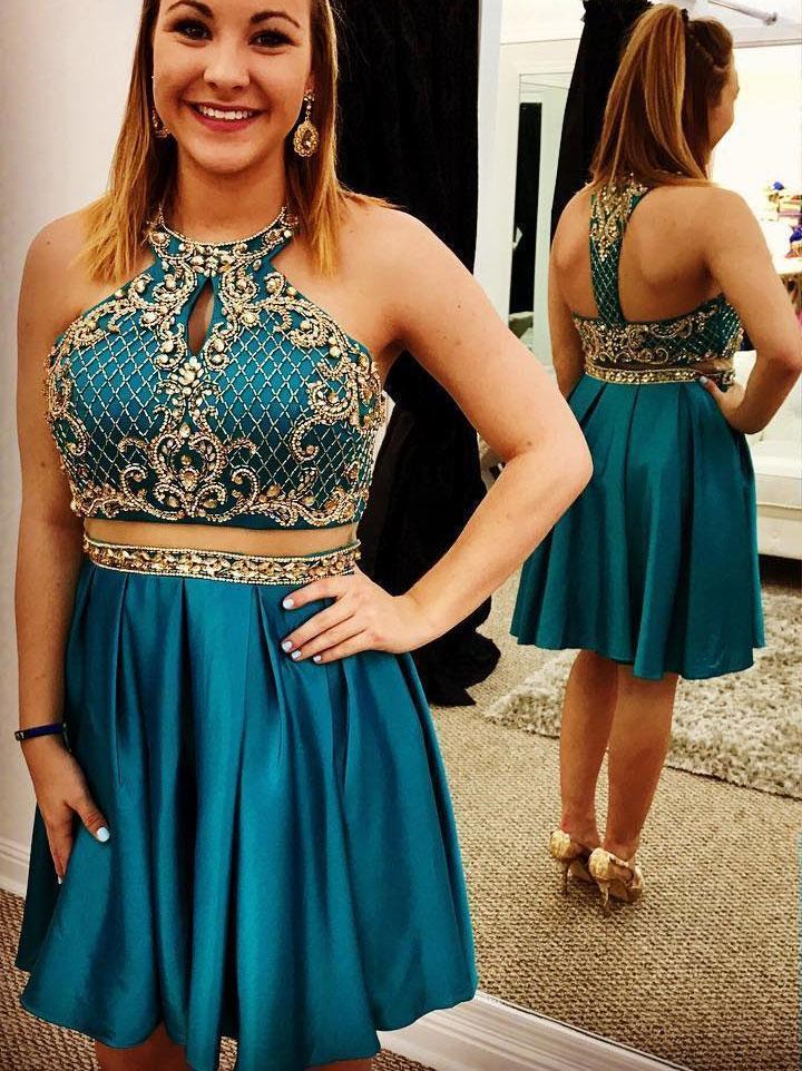 Teal  Cheap Cute Short Two Piece Homecoming Dresses Under 2018, CM463