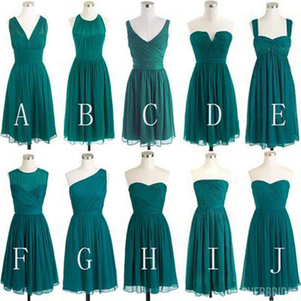 Teal Green Chiffon Mismatched Different Styles Knee Length Cheap Short Bridesmaid Dresses, WG185