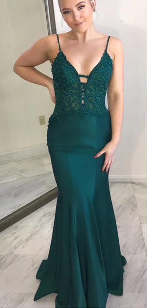 Teal Mermaid Spaghetti Straps V-neck Cheap Long Bridesmaid Dresses,WG1437