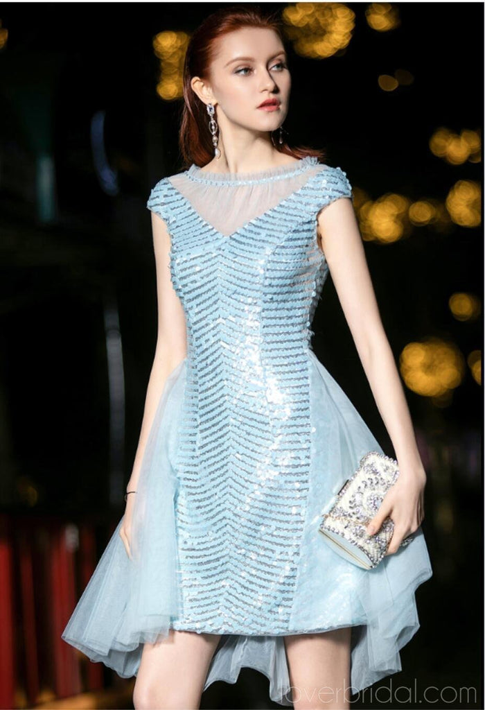 Tiffany Blue Sequin Cap-Sleeves Cheap Homecoming Dresses Online, Cheap Short Prom Dresses, CM765