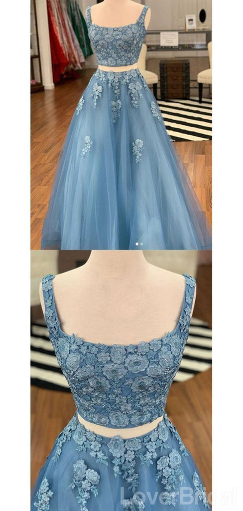 Two Piece Blue Lace Square Long Evening Prom Dresses, Cheap Party Custom Prom Dresses, 18630