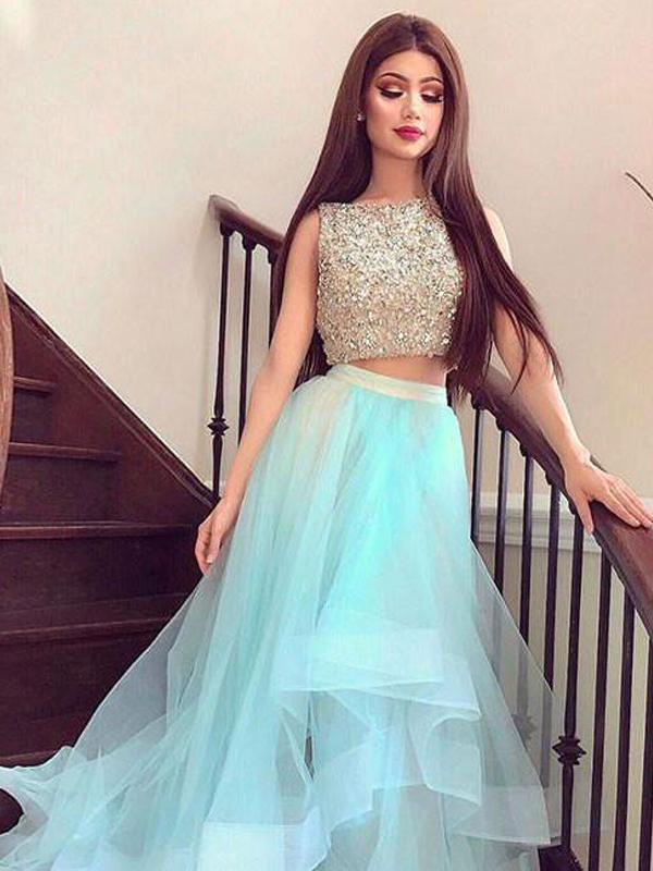 Two Pieces Beaded Tiffany Blue Skirt High Low Custom Evening Prom Dresses, 17436