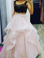 Two Pieces Black Lace Bodice Pink Organz Skirt Long Evening Prom Dresses, 17575