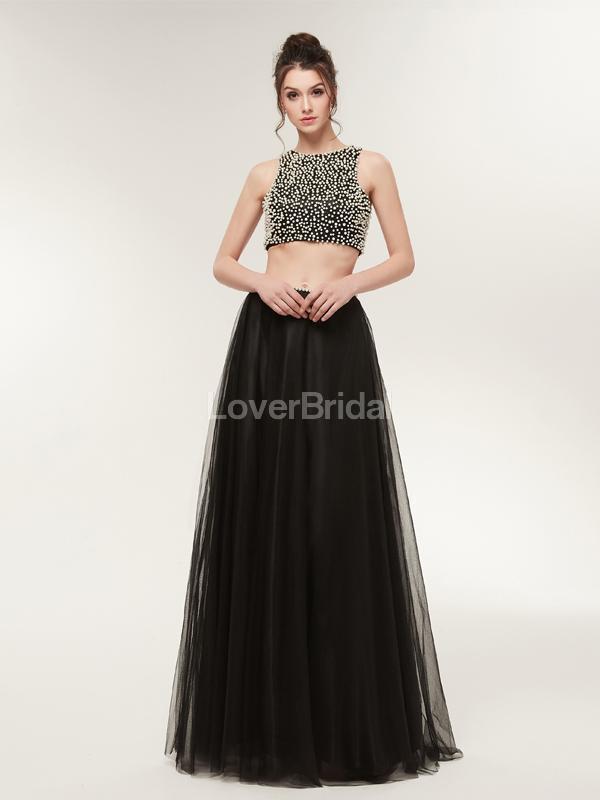 Two Pieces Black Tulle Evening Prom Dresses, Evening Party Prom Dresses, 12023