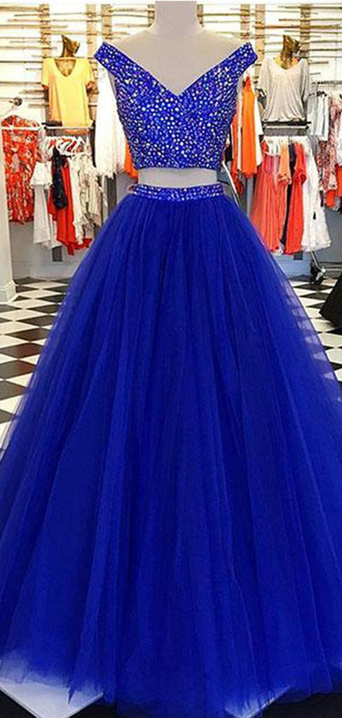 Two Pieces Blue A-line Off Shoulder V-neck Cheap Long Prom Dresses Online,12405