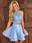 Two Pieces Blue Lace Halter Cheap Homecoming Dresses 2018, CM410