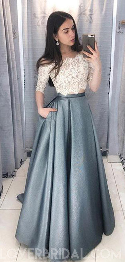 Two Pieces Half Sleeve Lace Grey Long Evening Prom Dresses, Cheap Sweet 16 Dresses, 18433