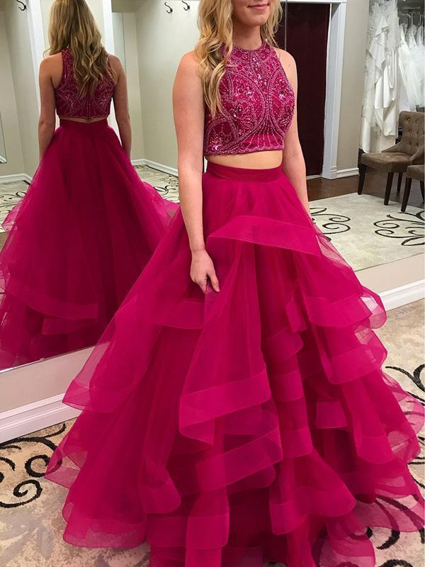 Two Pieces Heavily Beaded Ruffle Hot Pink A line Long Evening Prom Dresses, 17654