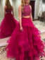 Two Pieces Heavily Beaded Ruffle Hot Pink A line Long Evening Prom Dresses, 17654