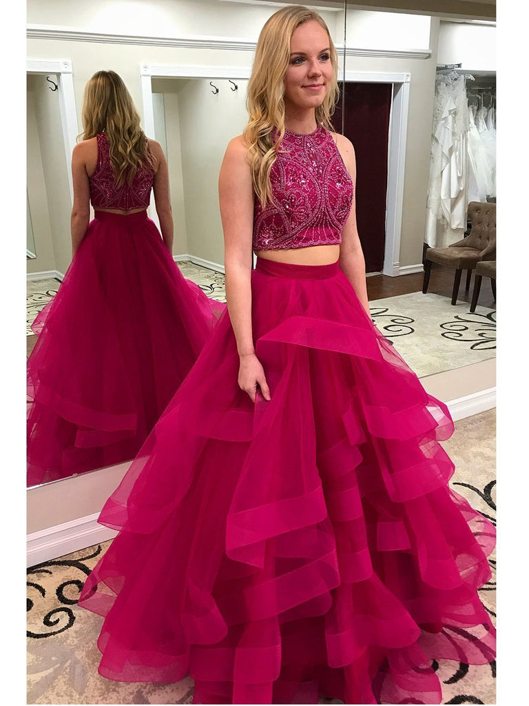 Two Pieces Heavily Beaded Ruffle Hot Pink A line Long Evening Prom Dresses, 17654