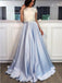 Two Pieces High Neck Short Sleeve Blue Skirt A line Long Evening Prom Dresses, 17465