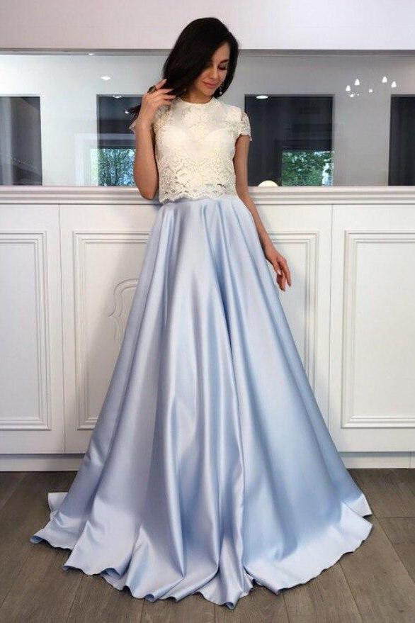 Two Pieces High Neck Short Sleeve Blue Skirt A line Long Evening Prom Dresses, 17465