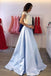 Two Pieces High Neck Short Sleeve Blue Skirt A line Long Evening Prom Dresses, 17465
