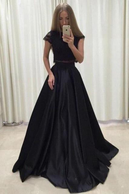 Two Pieces High Neck Short Sleeve Blue Skirt A line Long Evening Prom Dresses, 17465