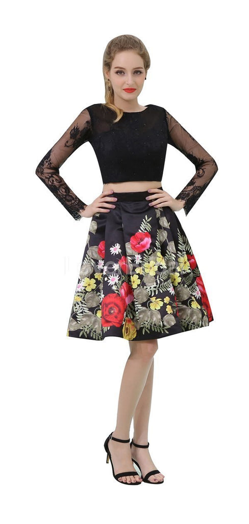 Two Pieces Long Sleeves Black Cheap Homecoming Dresses Online, Cheap Short Prom Dresses, CM806