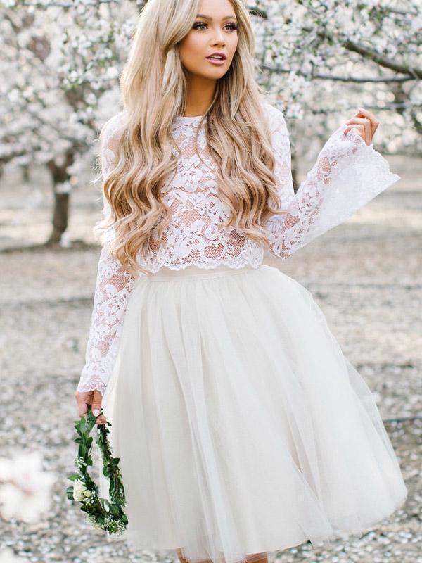 Two Pieces Long Sleeves White Short Homecoming Dresses Online, CM636