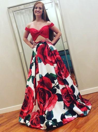 Two Pieces Off Shoulder Flower Satin A-line Long Evening Prom Dresses, 17633