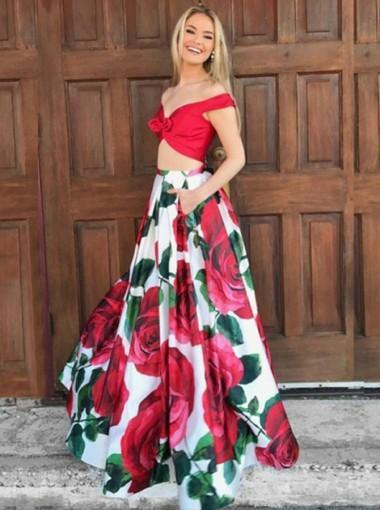 Two Pieces Off Shoulder Flower Satin A-line Long Evening Prom Dresses, 17633